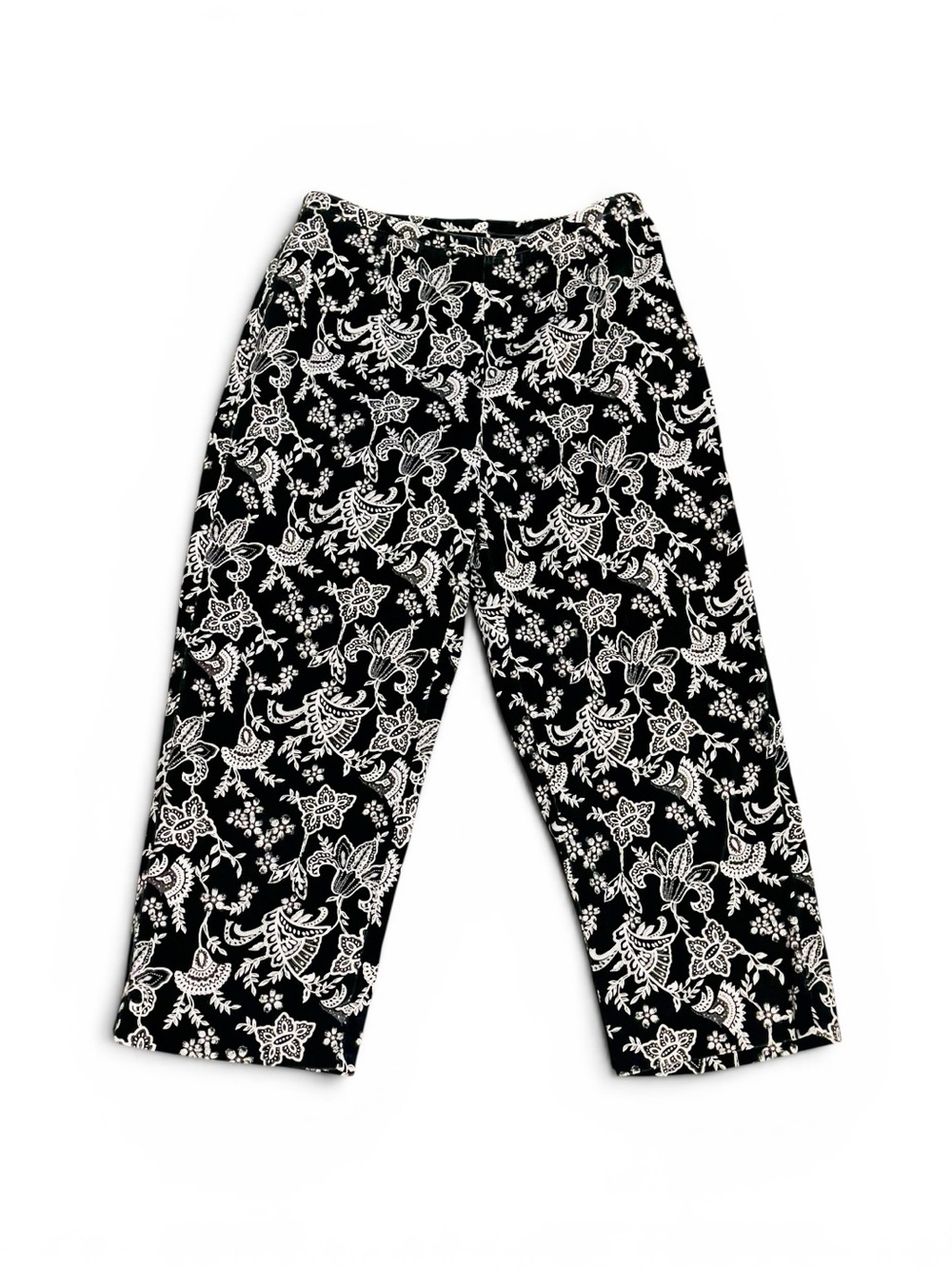 Black & White Jacquard Floral Capri Pants Sz 8 Bermuda Boho Monochrome botanical